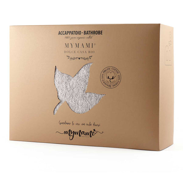 FSC box for Mymami bathrobe in natural organic cotton in stone colour