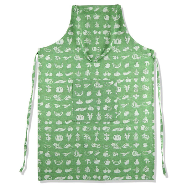 Apron of pure organic cotton jacquard fruits green with bib and central pocket.