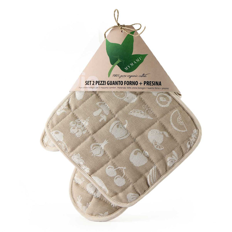 set two pieces: Mymami glove and pot holder in organic cotton fruits hazelnut