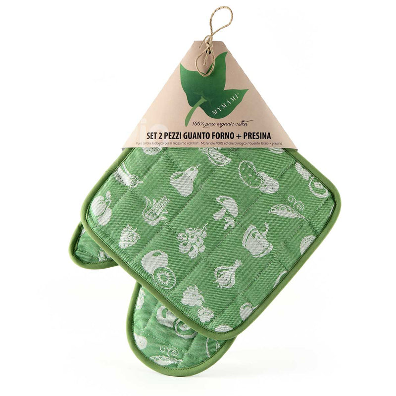 set two pieces: Mymami glove and pot holder in organic fruits green cotton