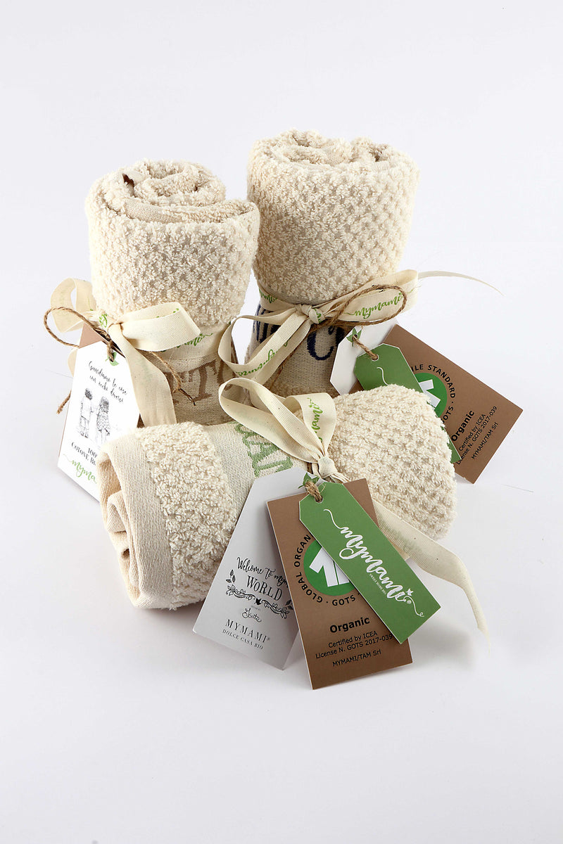 Three Mymami certified organic cotton tea towels