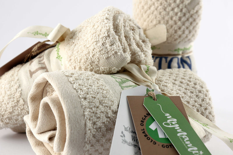 Detail of three Mymami certified organic cotton tea towels
