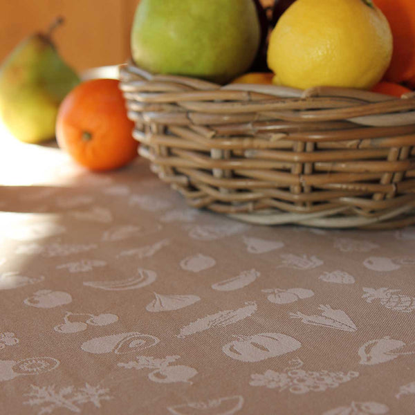 Rectangular organic cotton tablecloth Mymami fruits hazelnut with fruit basket
